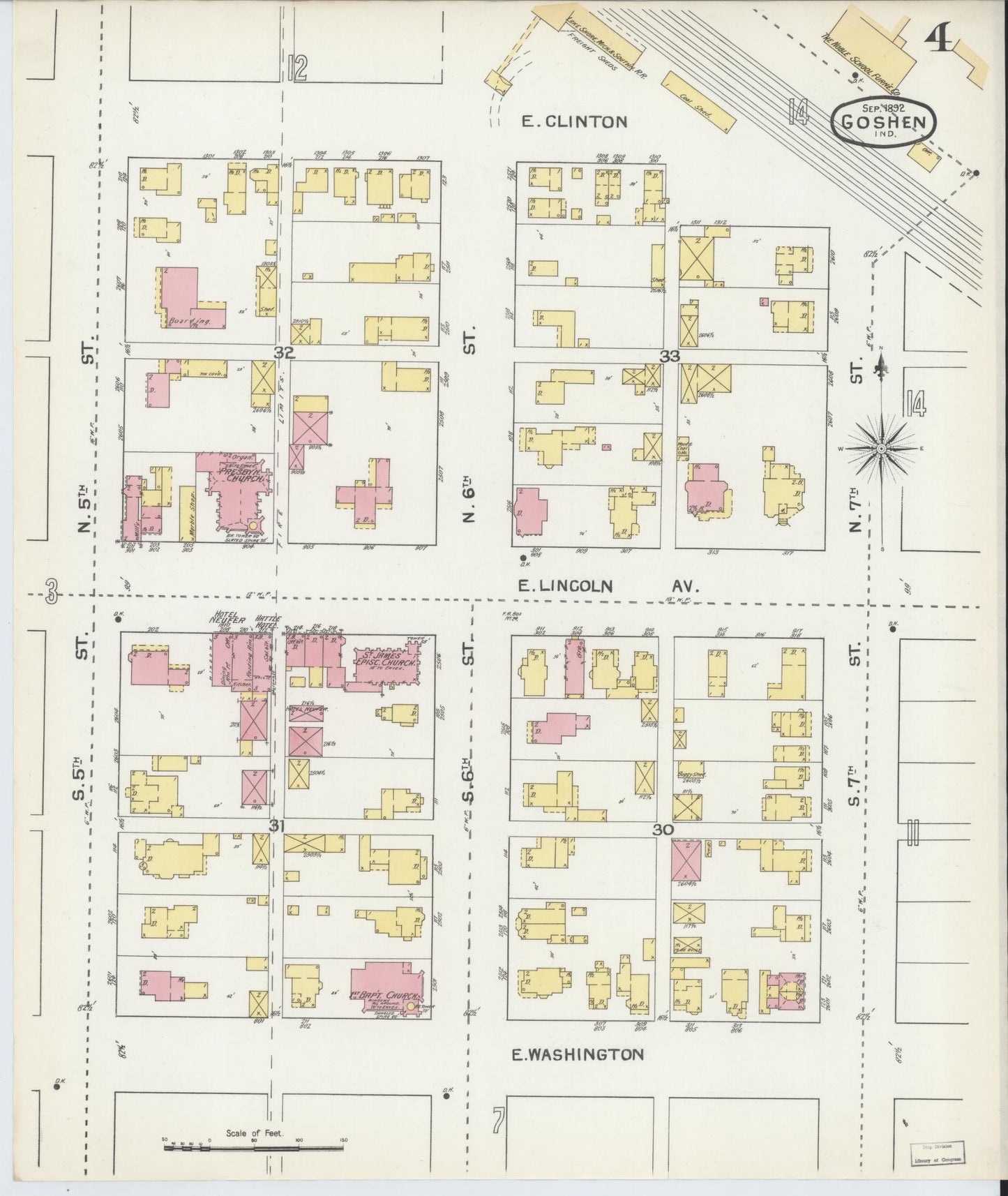 Sanborn Fire Insurance Map from Goshen, Elkhart County, Indiana (1892), Sheet #0004 - Historic Sanborn Fire Insurance Map Print, vintage old map wall art, antique decor, genealogy gift, Indiana Indiana map