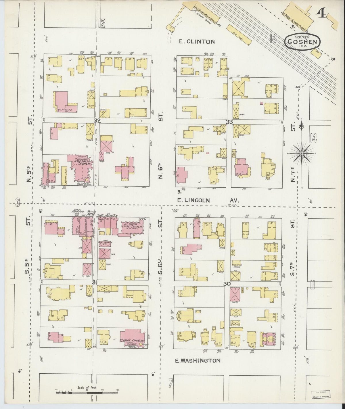 Sanborn Fire Insurance Map from Goshen, Elkhart County, Indiana (1892), Sheet #0004 - Historic Sanborn Fire Insurance Map Print, vintage old map wall art, antique decor, genealogy gift, Indiana Indiana map