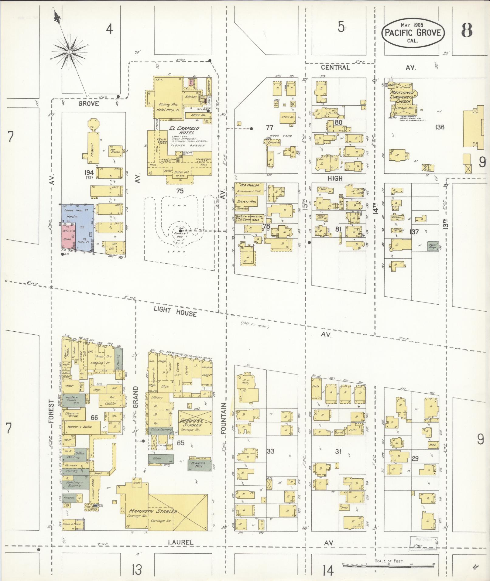 Sanborn Fire Insurance Map from Pacific Grove, Monterey County, California (1905), Sheet #0008 - Complete Map Set gallery image, historic Sanborn map, vintage wall art, California California