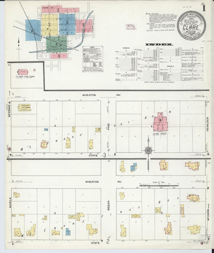 Sanborn Fire Insurance Map from Clare, Clare County, Michigan (1910), Sheet #0001 - Complete Map Set gallery image, historic Sanborn map, vintage wall art, Michigan Michigan