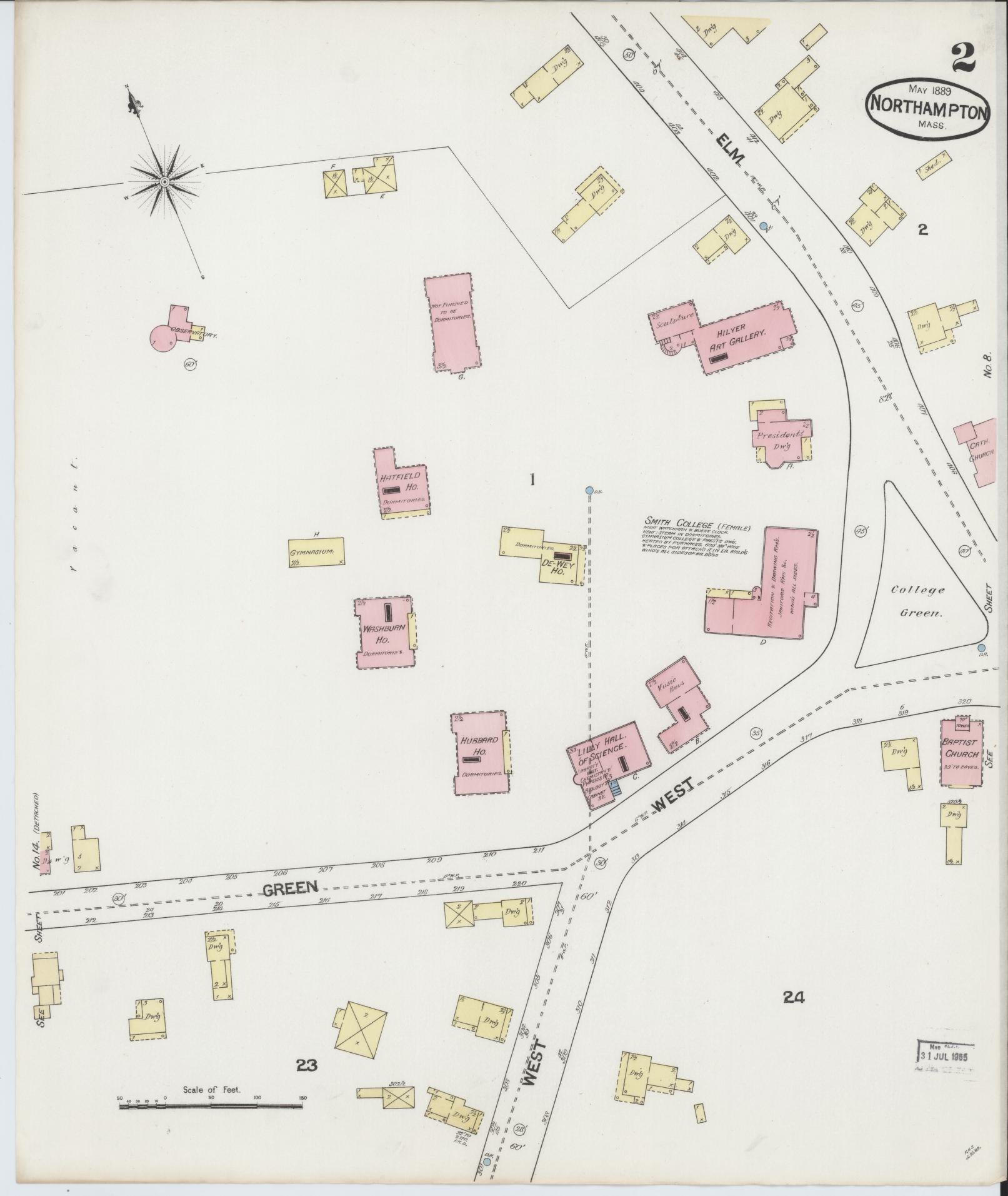 Sanborn Fire Insurance Map from Northampton, Hampshire County, Massachusetts (1889), Sheet #0002 - Historic Sanborn Fire Insurance Map Print, vintage old map wall art, antique decor, genealogy gift, Massachusetts Massachusetts map