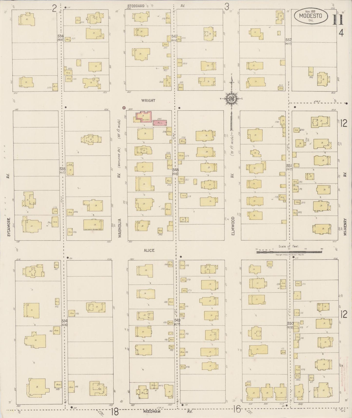 Sanborn Fire Insurance Map from Modesto, Stanislaus County, California (1919), Sheet #0011 - Complete Map Set gallery image, historic Sanborn map, vintage wall art, California California