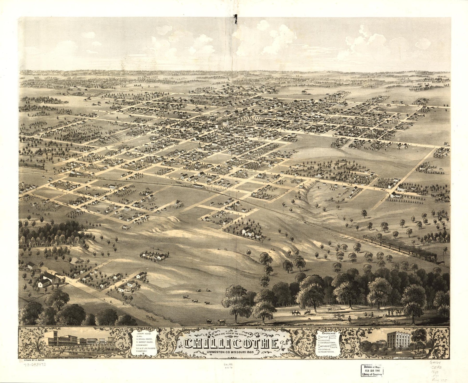 Bird's eye view of the city of Chillicothe, Livingston Co., Missouri 1869. (1869) – Historic Bird’s-Eye View Panorama Print
