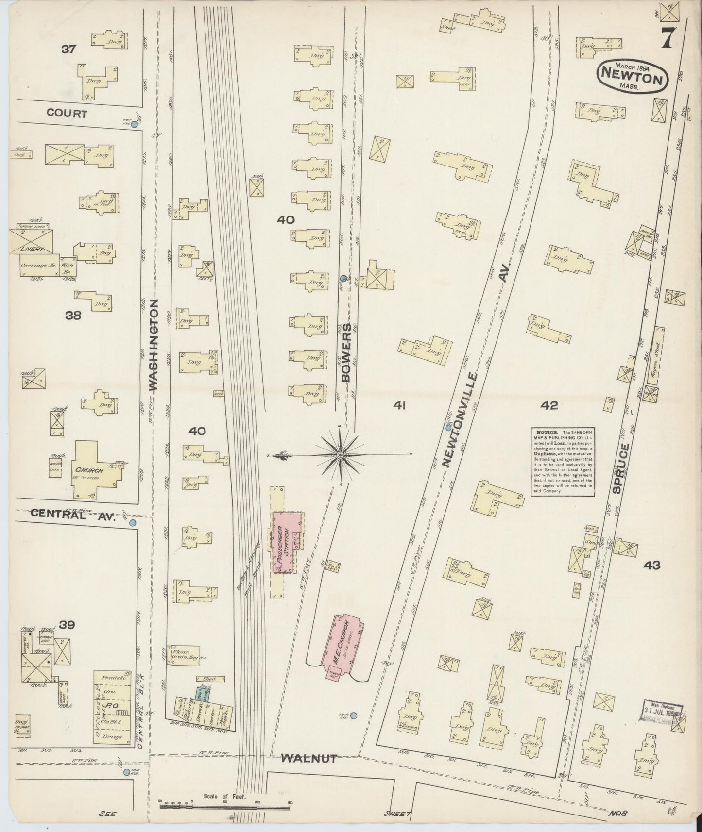 Sanborn Fire Insurance Map from Newton, Middlesex County, Massachusetts (1884), Sheet #0007 - Historic Sanborn Fire Insurance Map Print, vintage old map wall art, antique decor, genealogy gift, Massachusetts Massachusetts map