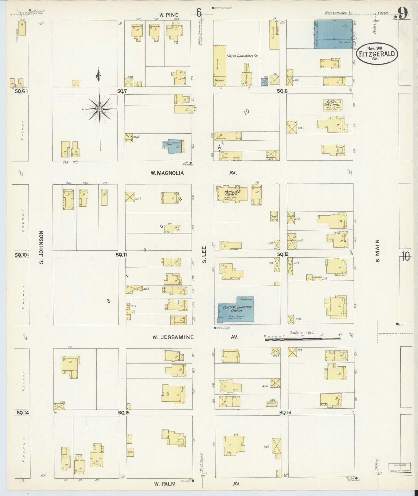 Sanborn Fire Insurance Map from Fitzgerald, Ben Hill County, Georgia (1908), Sheet #0009 - Historic Sanborn Fire Insurance Map Print, vintage old map wall art, antique decor, genealogy gift, Georgia Georgia map
