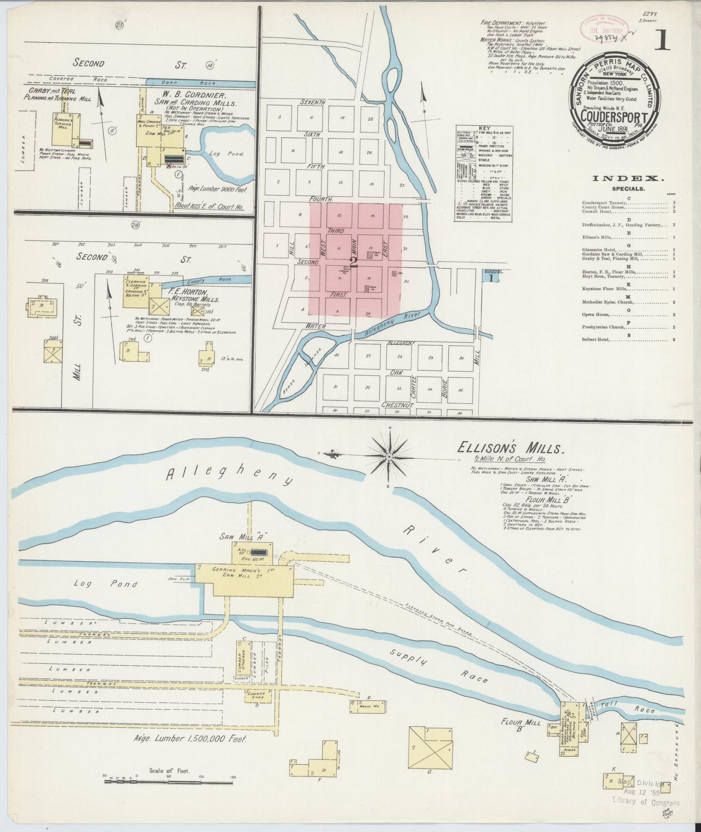 Sanborn Fire Insurance Map from Coudersport, Potter County, Pennsylvania (1891), Sheet #0001 - Historic Sanborn Fire Insurance Map Print, vintage old map wall art, antique decor, genealogy gift, Pennsylvania Pennsylvania map