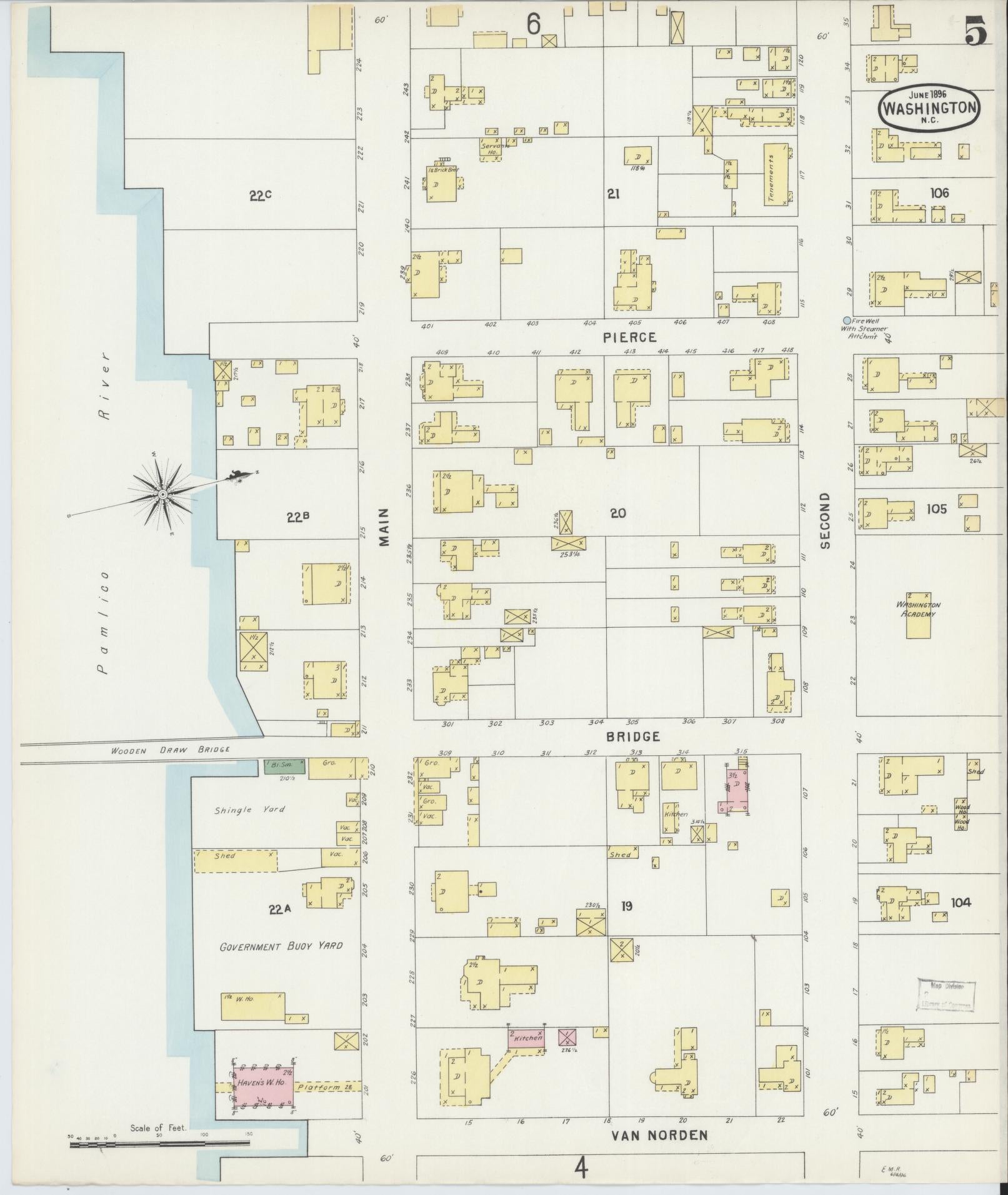 Sanborn Fire Insurance Map from Washington, Beaufort County, North Carolina (1896), Sheet #0005 - Historic Sanborn Fire Insurance Map Print, vintage old map wall art, antique decor, genealogy gift, Washington Washington map