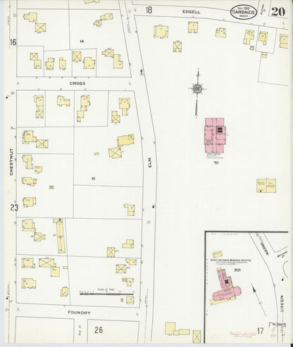Sanborn Fire Insurance Map from Gardner, Worcester County, Massachusetts (1909), Sheet #0020 - Historic Sanborn Fire Insurance Map Print, vintage old map wall art, antique decor, genealogy gift, Massachusetts Massachusetts map