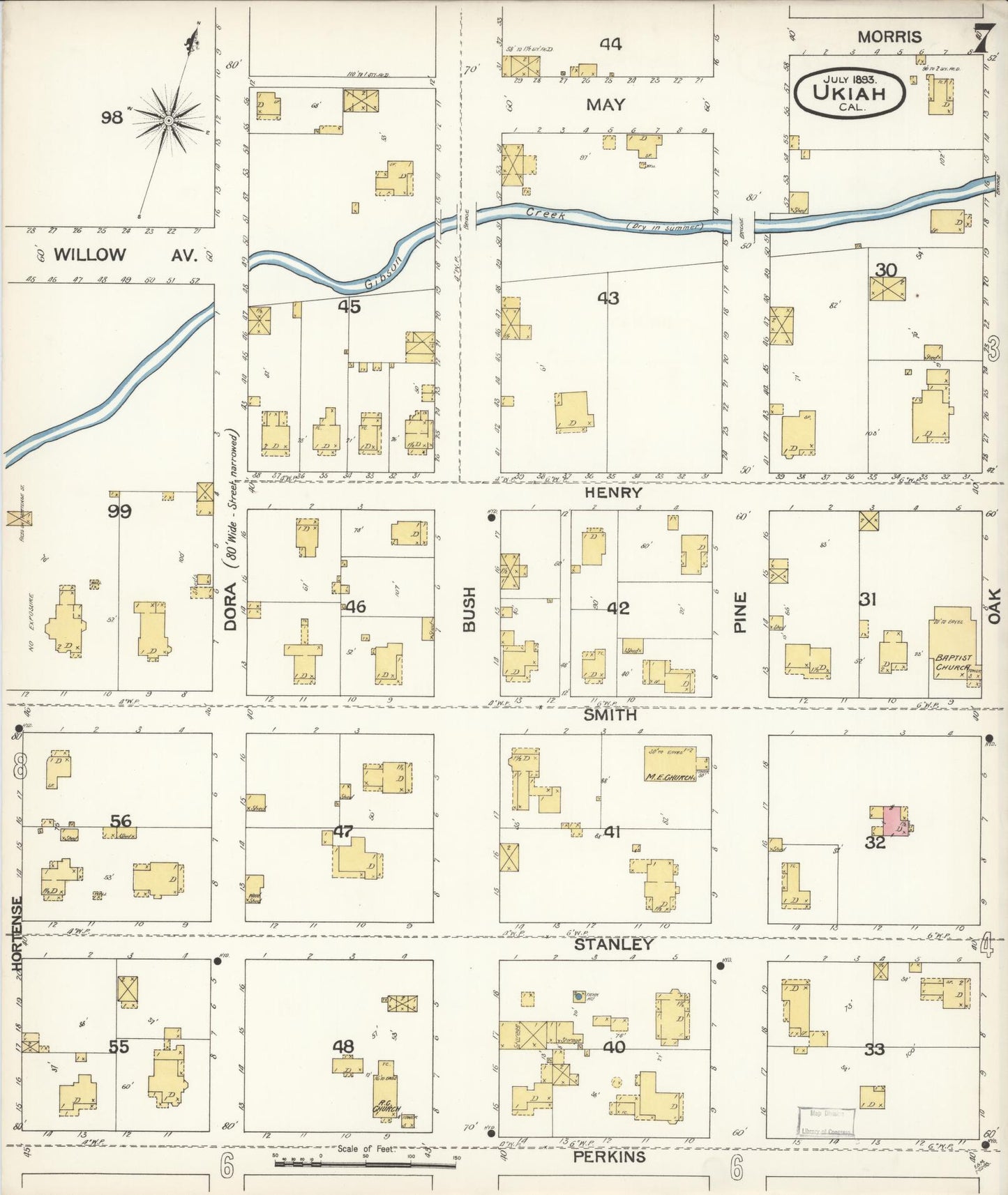 Sanborn Fire Insurance Map from Ukiah, Mendocino County, California (1893), Sheet #0007 - Complete Map Set gallery image, historic Sanborn map, vintage wall art, California California