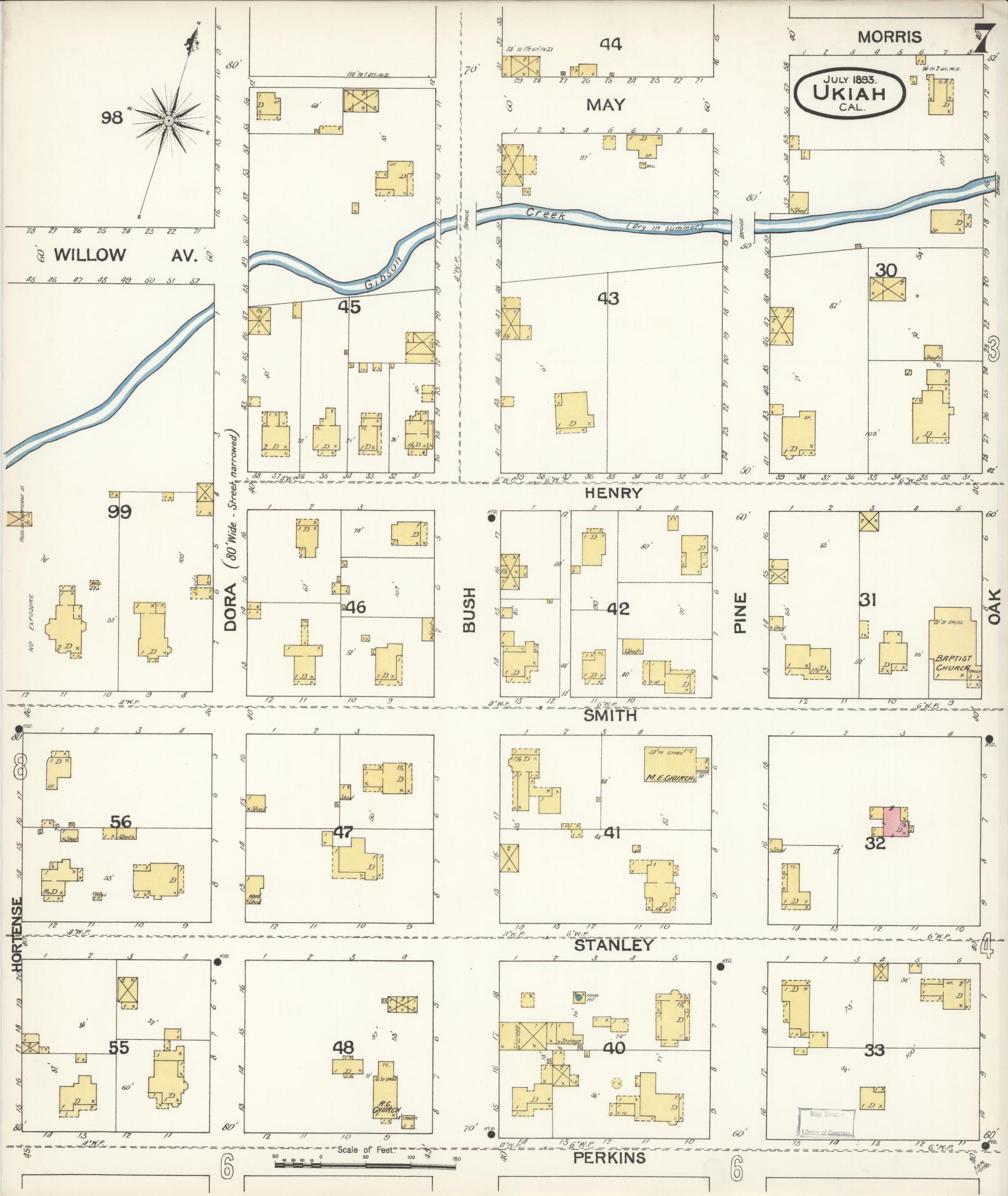 Sanborn Fire Insurance Map from Ukiah, Mendocino County, California (1893), Sheet #0007 - Complete Map Set gallery image, historic Sanborn map, vintage wall art, California California