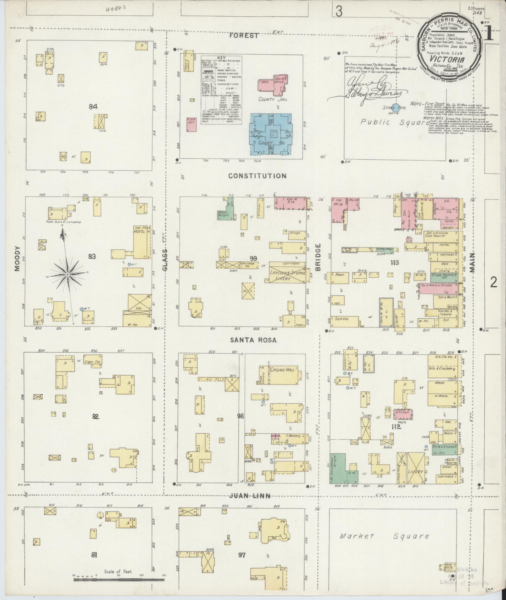 Sanborn Fire Insurance Map from Victoria, Victoria County, Texas (1896), Sheet #0001 - Historic Sanborn Fire Insurance Map Print, vintage old map wall art, antique decor, genealogy gift, Texas Texas map