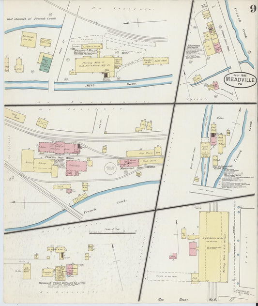 Sanborn Fire Insurance Map from Meadville, Crawford County, Pennsylvania (1886), Sheet #0009 - Historic Sanborn Fire Insurance Map Print, vintage old map wall art, antique decor, genealogy gift, Pennsylvania Pennsylvania map