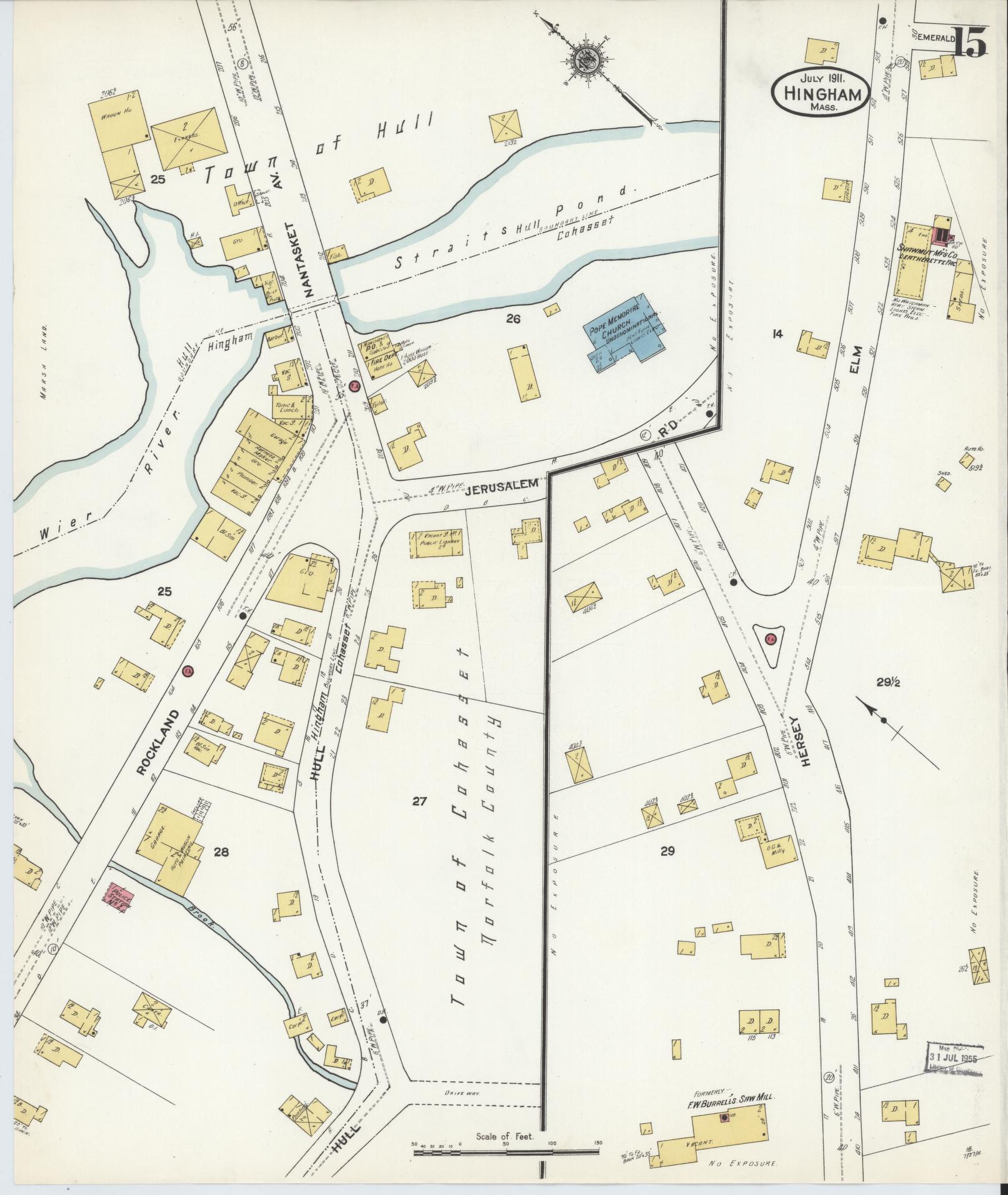 Sanborn Fire Insurance Map from Hingham, Plymouth County, Massachusetts (1911), Sheet #0015 - Historic Sanborn Fire Insurance Map Print, vintage old map wall art, antique decor, genealogy gift, Massachusetts Massachusetts map