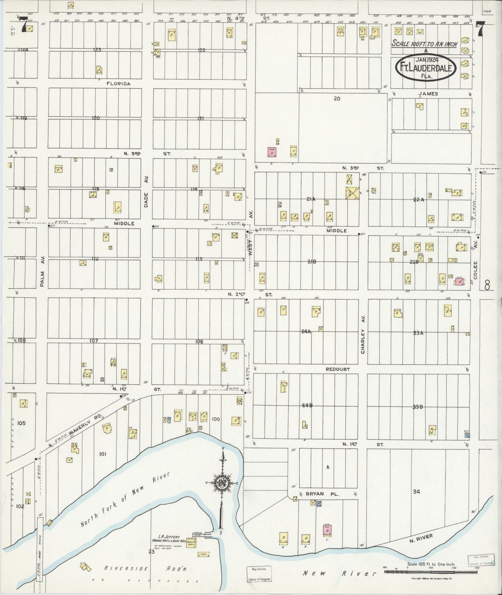 Sanborn Fire Insurance Map from Fort Lauderdale, Broward County, Florida (1924), Sheet #0007 - Complete Map Set gallery image, historic Sanborn map, vintage wall art, Florida Florida