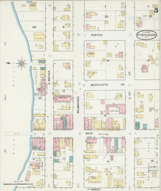 Sanborn Fire Insurance Map from Fort Atkinson, Jefferson County, Wisconsin (1892), Sheet #0003 - Historic Sanborn Fire Insurance Map Print, vintage old map wall art, antique decor, genealogy gift, Wisconsin Wisconsin map