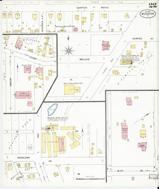 Sanborn Fire Insurance Map from Muscatine, Muscatine County, Iowa (1899), Sheet #0022 - Historic Sanborn Fire Insurance Map Print, vintage old map wall art