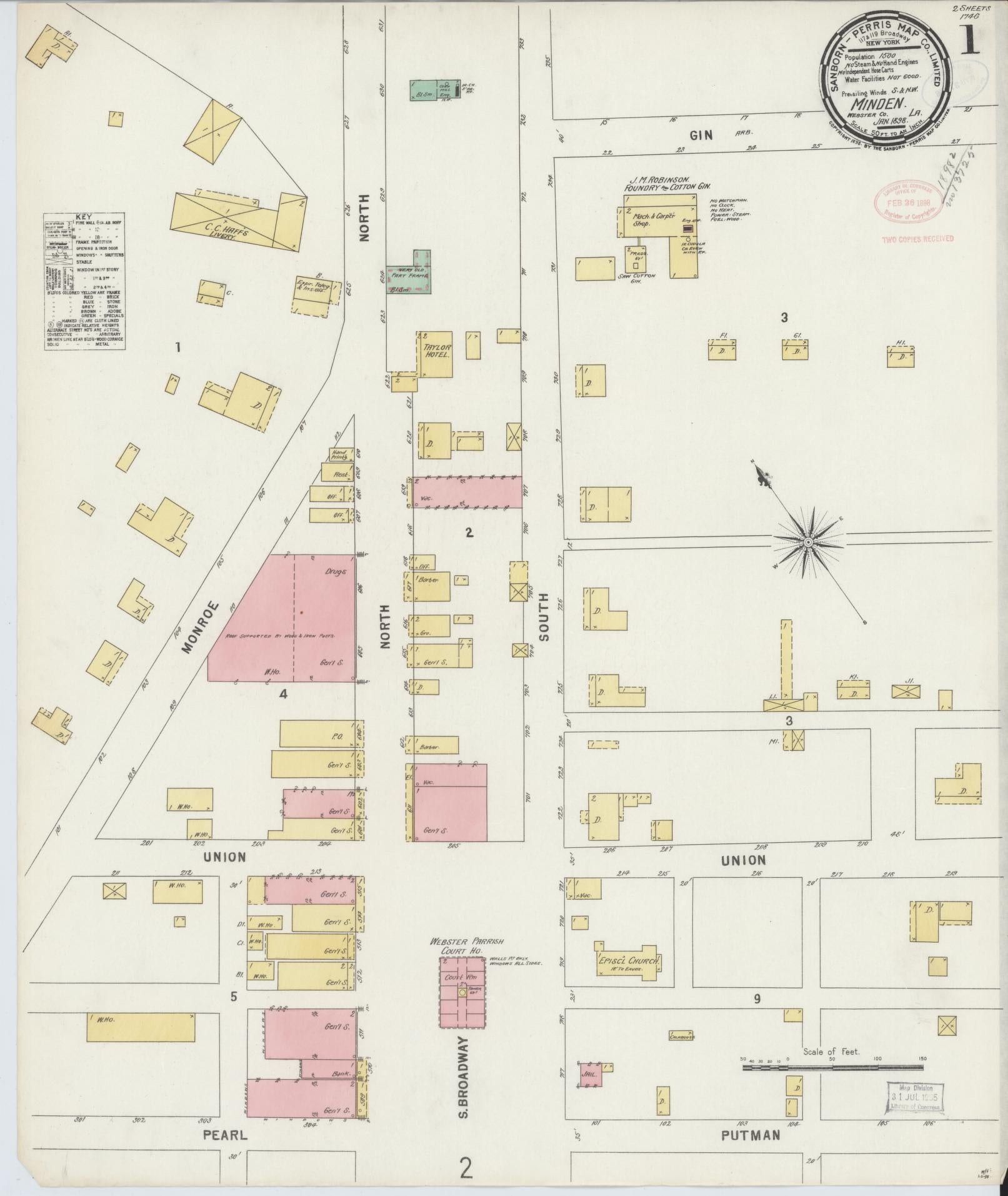 Sanborn Fire Insurance Map from Minden, Webster Parish, Louisiana (1898), Sheet #0001 - Historic Sanborn Fire Insurance Map Print, vintage old map wall art, antique decor, genealogy gift, Louisiana Louisiana map