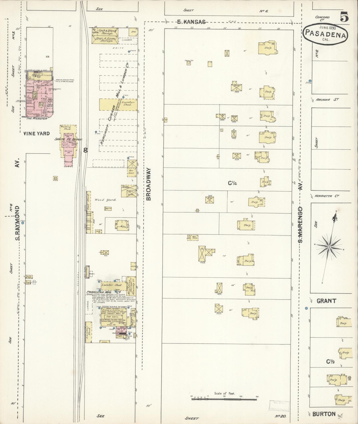 Sanborn Fire Insurance Map from Pasadena, Los Angeles County, California (1890), Sheet #0005 - Complete Map Set gallery image, historic Sanborn map, vintage wall art, California California