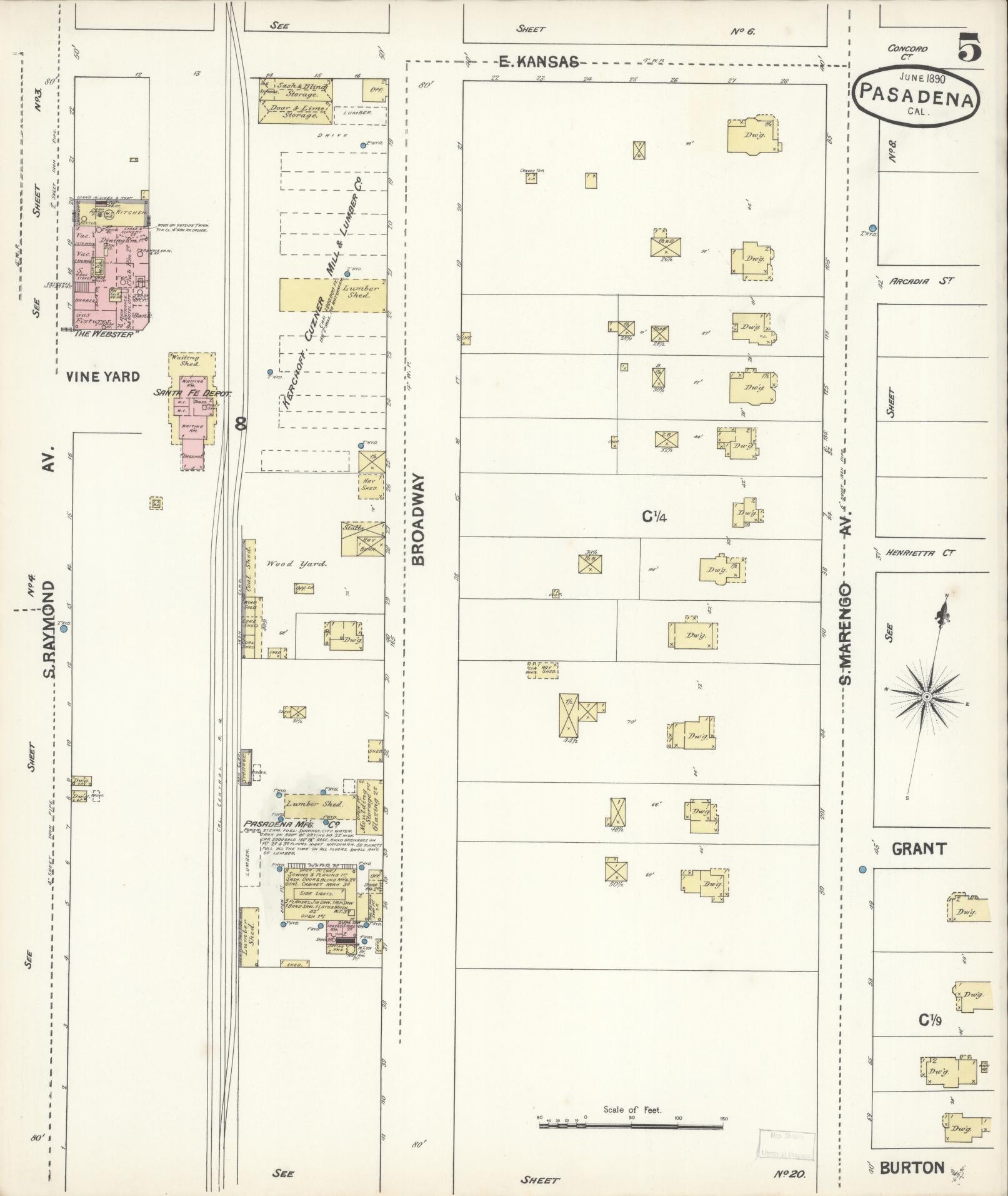 Sanborn Fire Insurance Map from Pasadena, Los Angeles County, California (1890), Sheet #0005 - Complete Map Set gallery image, historic Sanborn map, vintage wall art, California California