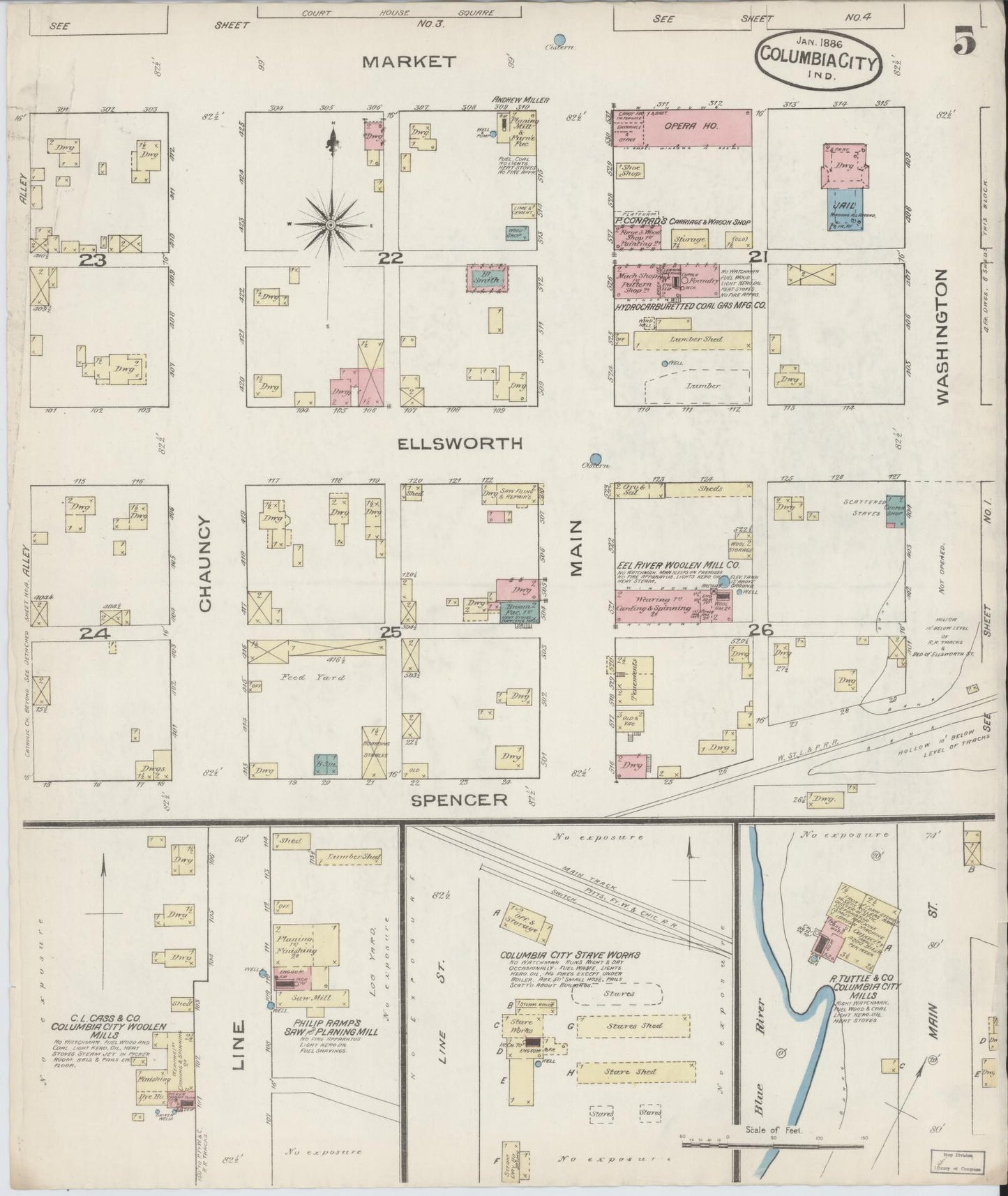 Sanborn Fire Insurance Map from Columbia City, Whitley County, Indiana (1886), Sheet #0005 - Complete Map Set gallery image, historic Sanborn map, vintage wall art, Indiana Indiana