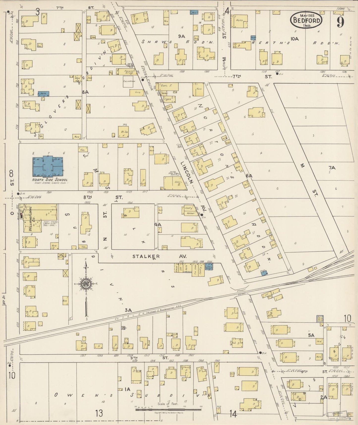 Sanborn Fire Insurance Map from Bedford, Lawrence County, Indiana (1922), Sheet #0009 - Complete Map Set gallery image, historic Sanborn map, vintage wall art, Indiana Indiana