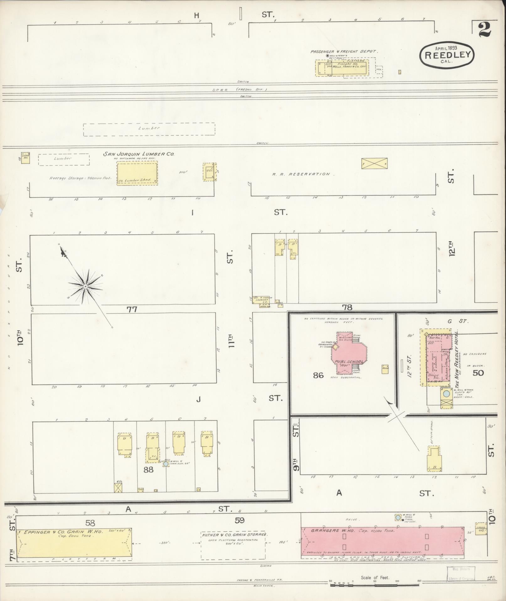 Sanborn Fire Insurance Map from Reedley, Fresno County, California (1893), Sheet #0002 - Complete Map Set gallery image, historic Sanborn map, vintage wall art, California California