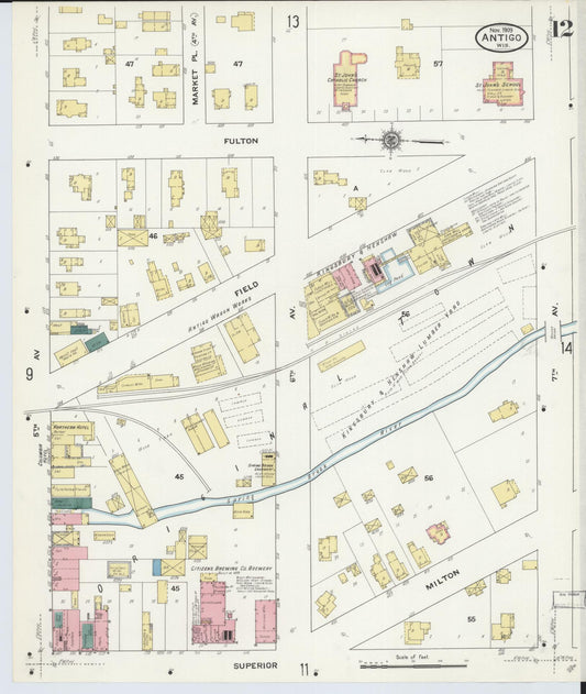 Sanborn Fire Insurance Map from Antigo, Langlade County, Wisconsin (1909), Sheet #0012 - Historic Sanborn Fire Insurance Map Print, vintage old map wall art, antique decor, genealogy gift, Wisconsin Wisconsin map
