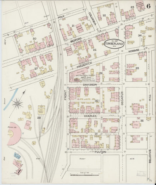 Allegany, Maryland - 1887 - Sanborn Fire Insurance Map, Sheet #0006 - Historic Sanborn Fire Insurance Map Print, Allegany Maryland 1887 0006 vintage old map wall art