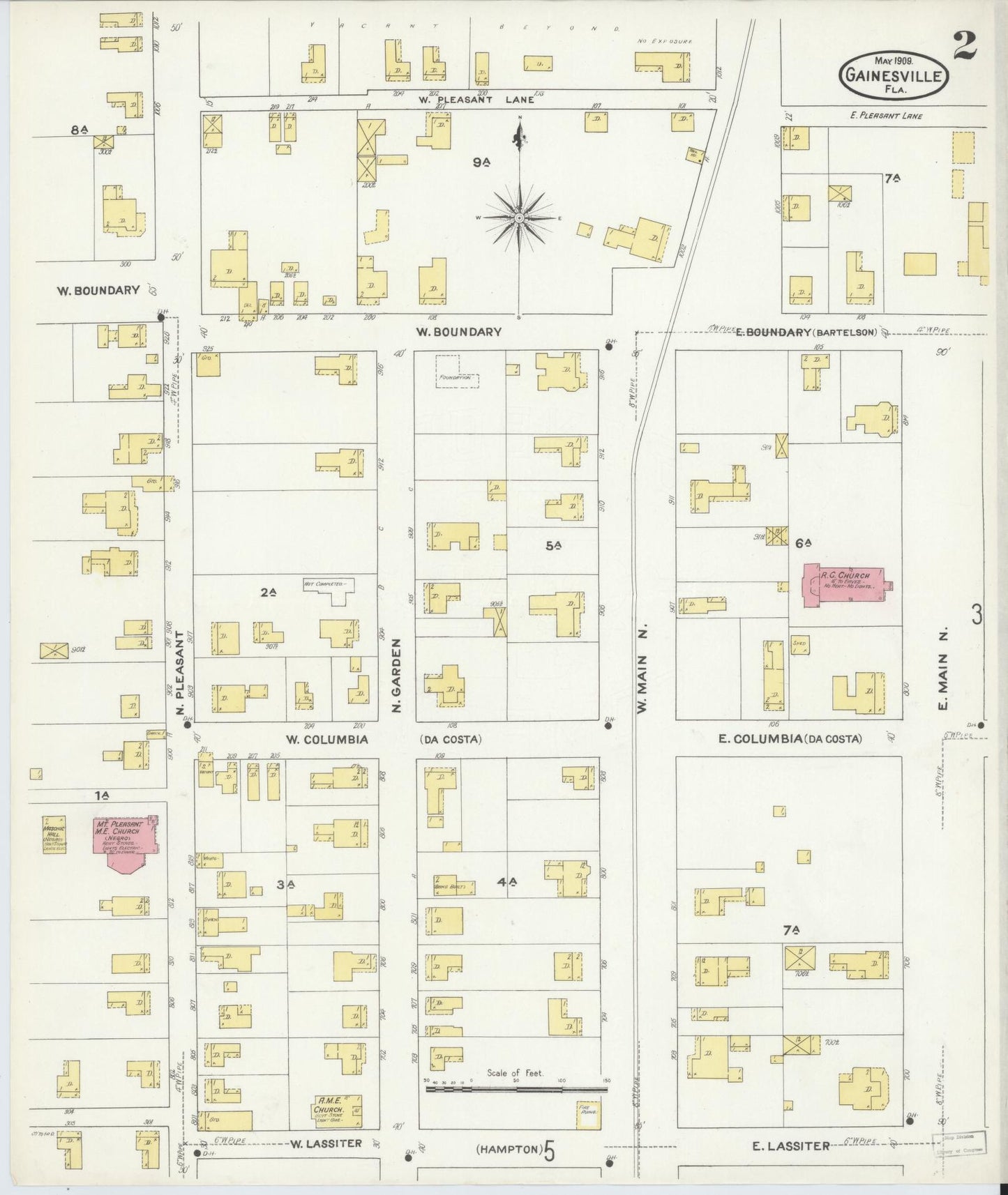 Sanborn Fire Insurance Map from Gainesville, Alachua County, Florida (1909), Sheet #0002 - Complete Map Set gallery image, historic Sanborn map, vintage wall art, Florida Florida