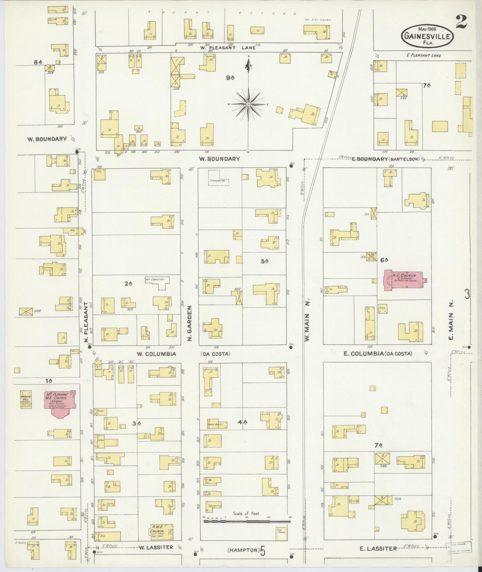 Sanborn Fire Insurance Map from Gainesville, Alachua County, Florida (1909), Sheet #0002 - Complete Map Set gallery image, historic Sanborn map, vintage wall art, Florida Florida