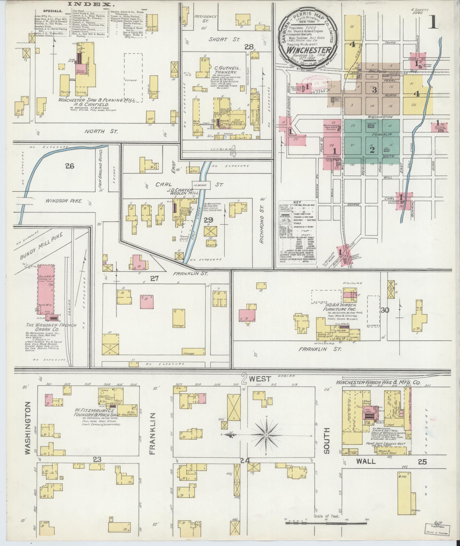 Sanborn Fire Insurance Map from Winchester, Randolph County, Indiana (1892), Sheet #0001 - Historic Sanborn Fire Insurance Map Print, vintage old map wall art, antique decor, genealogy gift, Indiana Indiana map