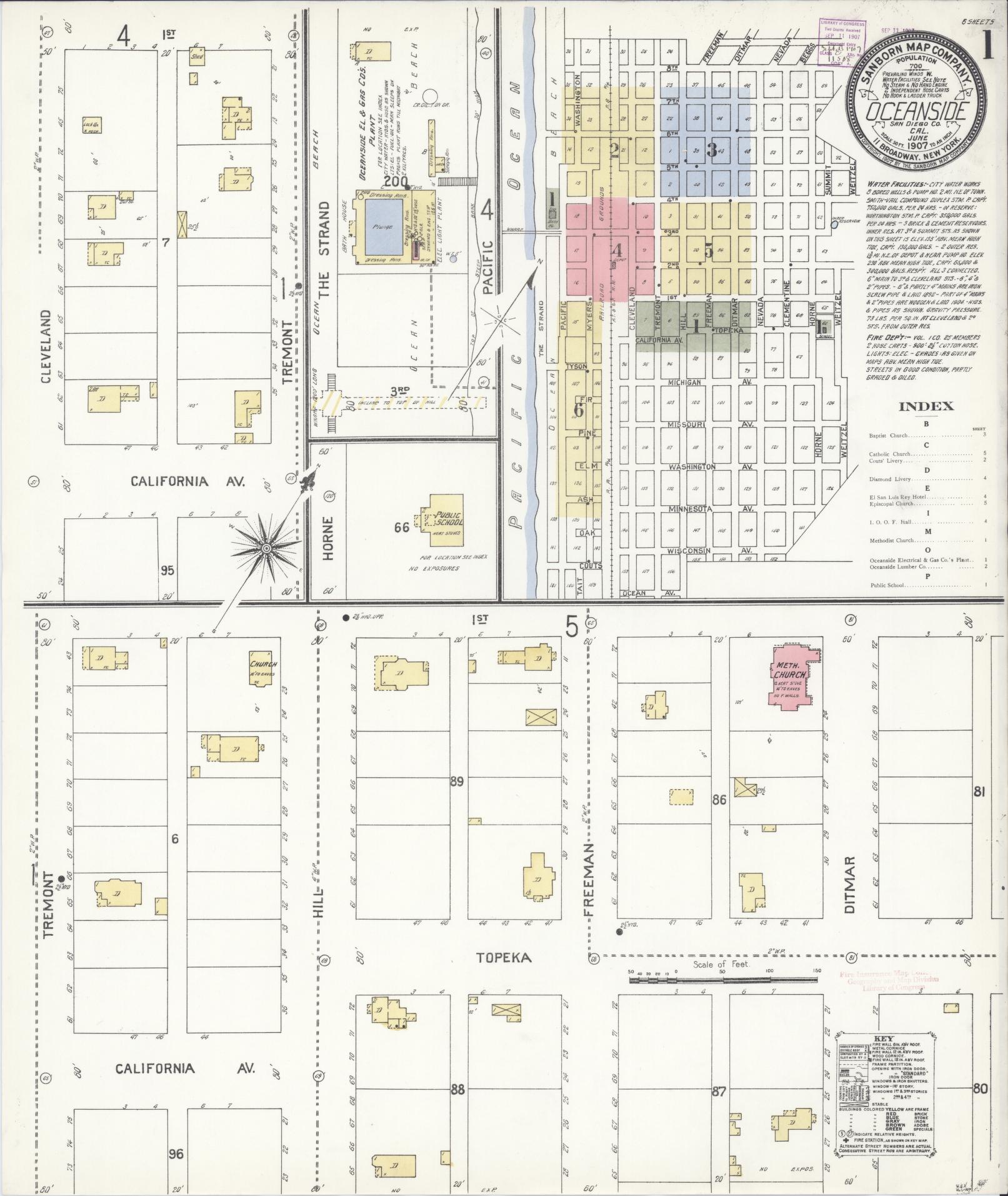 Sanborn Fire Insurance Map from Oceanside, San Diego County, California (1907), Sheet #0001 - Complete Map Set gallery image, historic Sanborn map, vintage wall art, California California