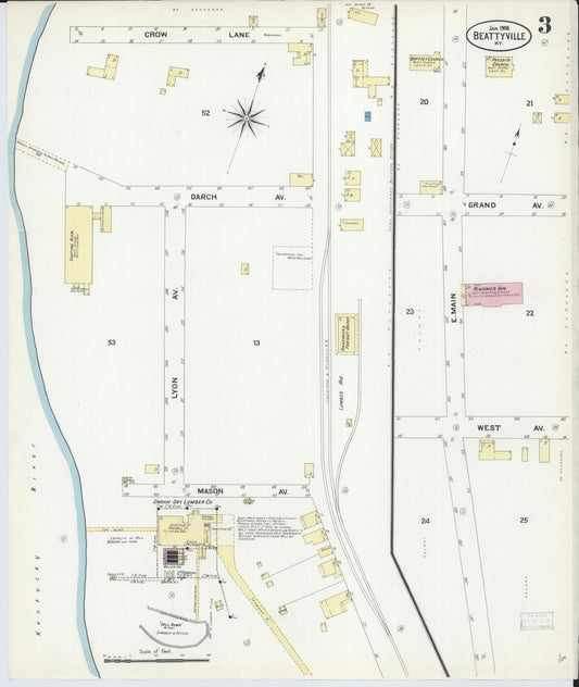 Sanborn Fire Insurance Map from Beattyville, Lee County, Kentucky (1908), Sheet #0003 - Historic Sanborn Fire Insurance Map Print, vintage old map wall art, antique decor, genealogy gift, Kentucky Kentucky map