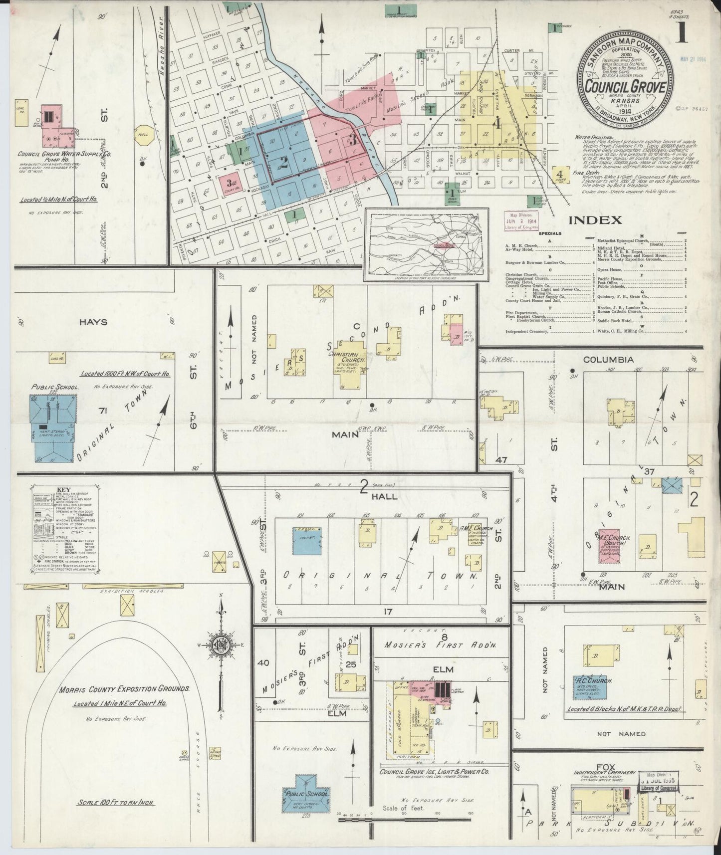 Sanborn Fire Insurance Map from Council Grove, Morris County, Kansas (1914), Sheet #0001 - Complete Map Set gallery image, historic Sanborn map, vintage wall art, Kansas Kansas