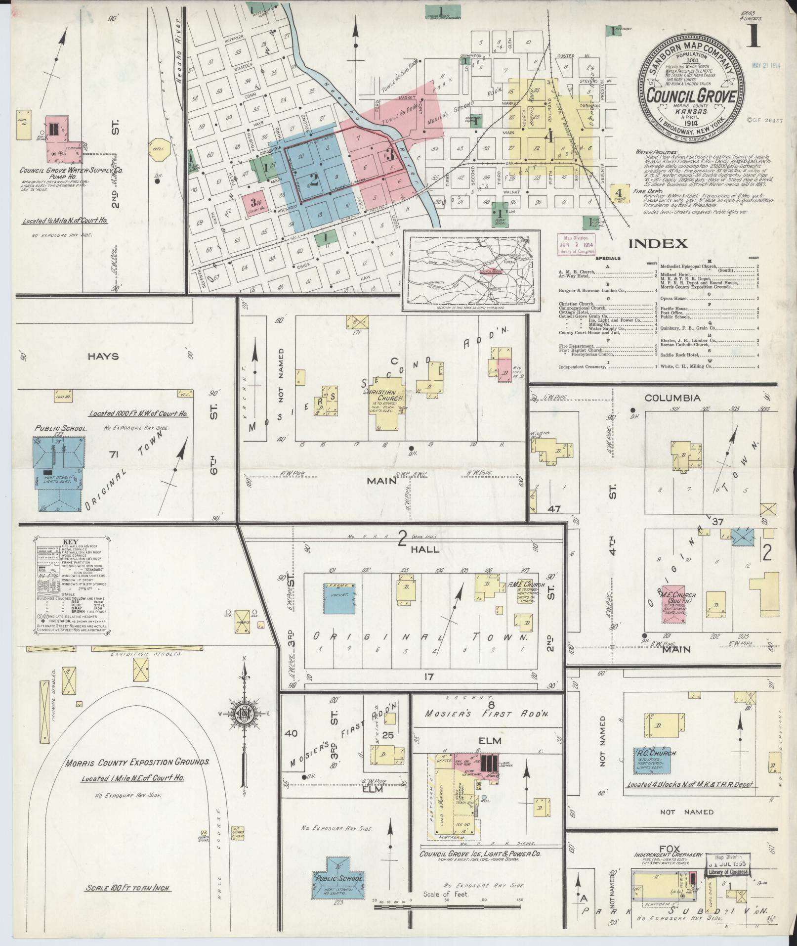 Sanborn Fire Insurance Map from Council Grove, Morris County, Kansas (1914), Sheet #0001 - Complete Map Set gallery image, historic Sanborn map, vintage wall art, Kansas Kansas