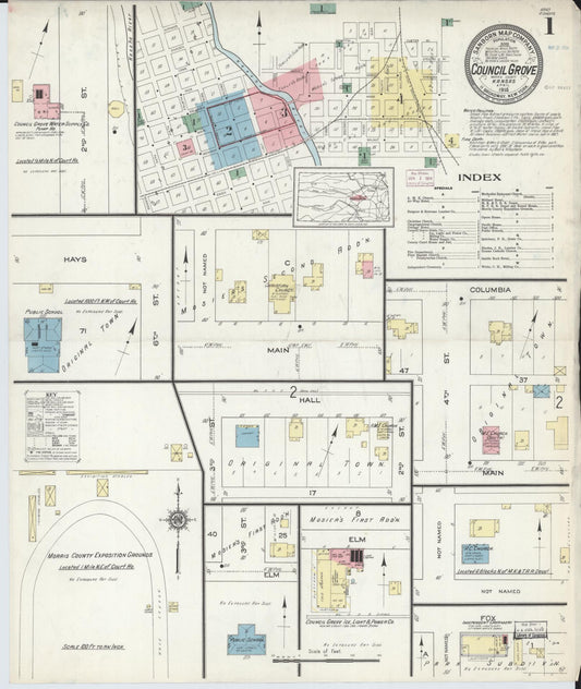 Sanborn Fire Insurance Map from Council Grove, Morris County, Kansas (1914), Sheet #0001 - Complete Map Set gallery image, historic Sanborn map, vintage wall art, Kansas Kansas