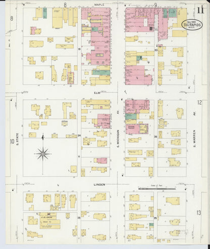 Sanborn Fire Insurance Map from Big Rapids, Mecosta County, Michigan (1908), Sheet #0011 - Complete Map Set gallery image, historic Sanborn map, vintage wall art, Michigan Michigan