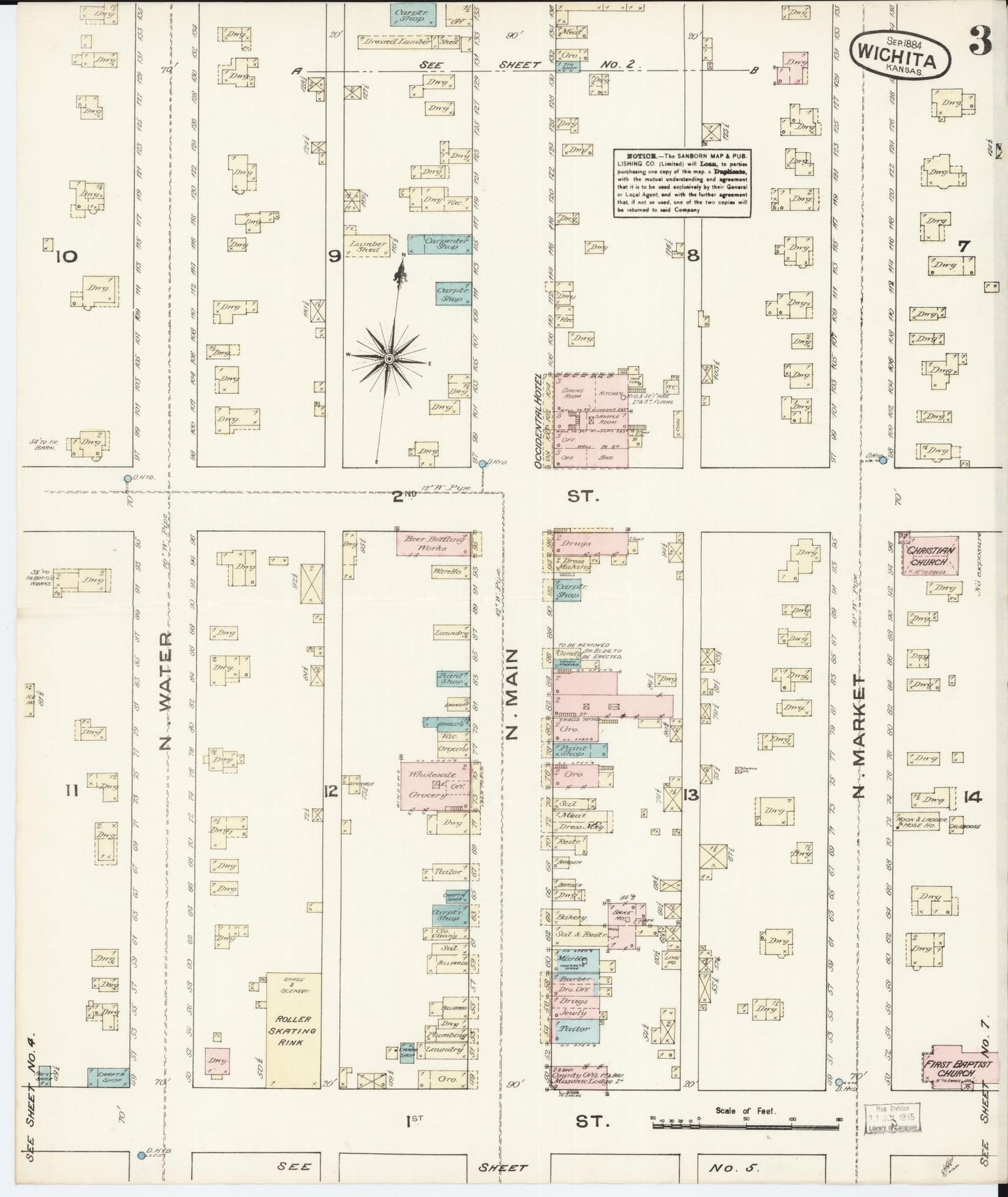 Sanborn Fire Insurance Map from Wichita, Sedgwick County, Kansas (1884), Sheet #0003 - Historic Sanborn Fire Insurance Map Print, vintage old map wall art, antique decor, genealogy gift, Kansas Kansas map