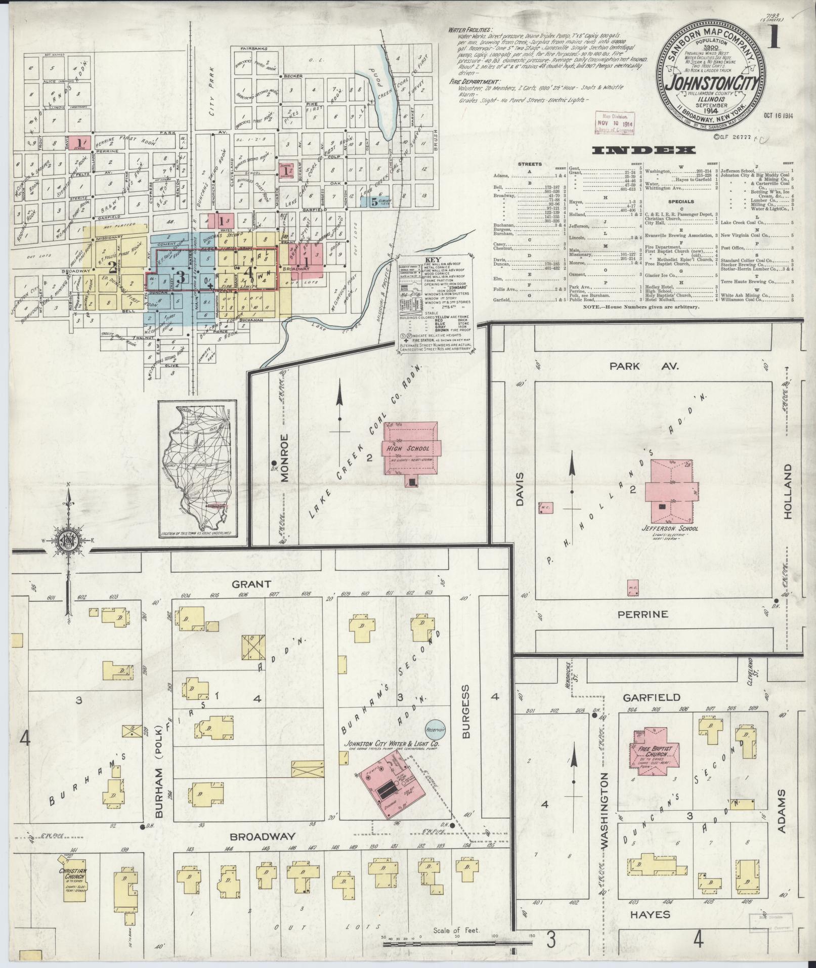 Sanborn Fire Insurance Map from Johnston City, Williamson County, Illinois (1914), Sheet #0001 - Complete Map Set gallery image, historic Sanborn map, vintage wall art, Illinois Illinois