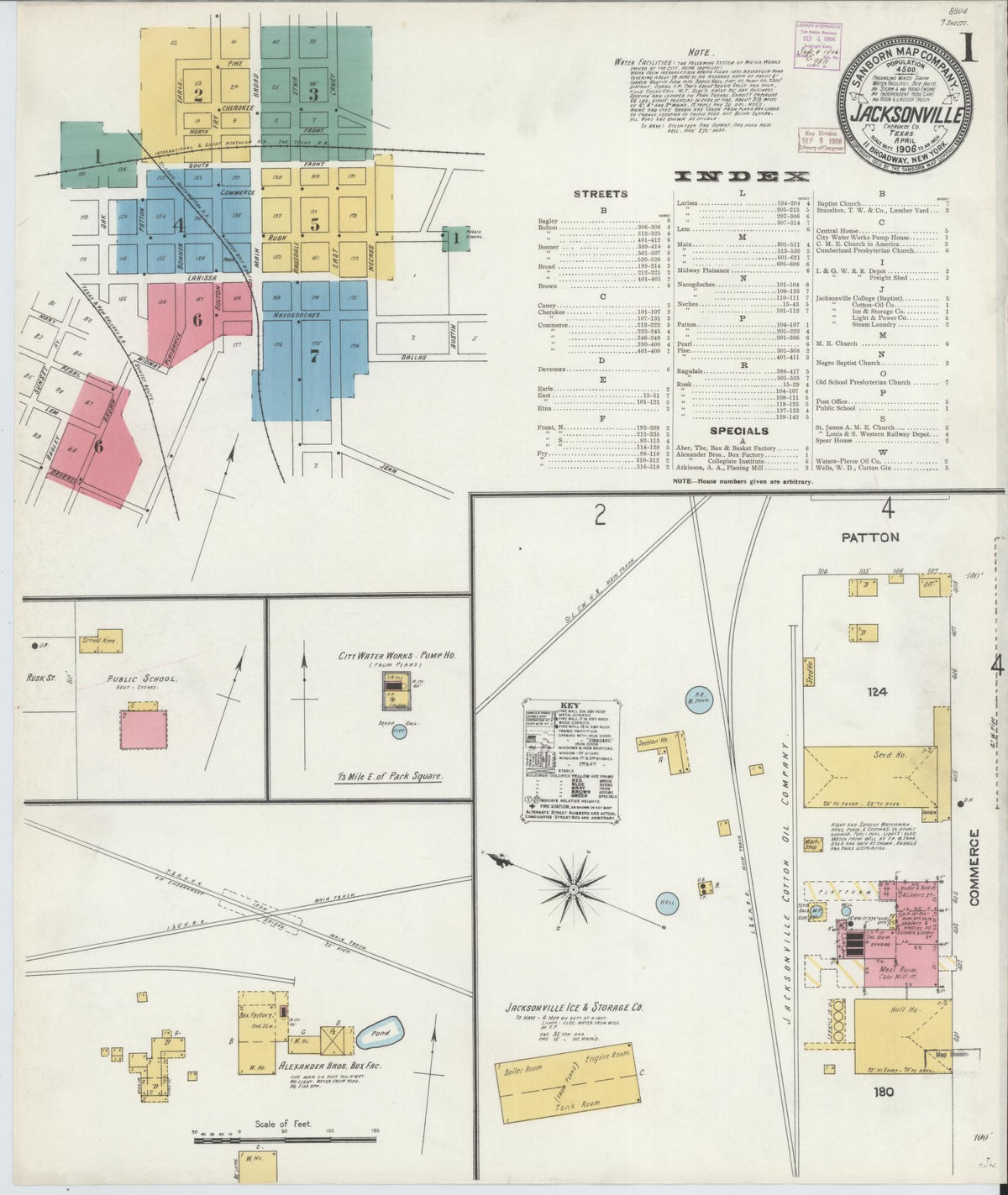 Sanborn Fire Insurance Map from Jacksonville, Cherokee County, Texas (1906), Sheet #0001 - Historic Sanborn Fire Insurance Map Print, vintage old map wall art, antique decor, genealogy gift, Texas Texas map