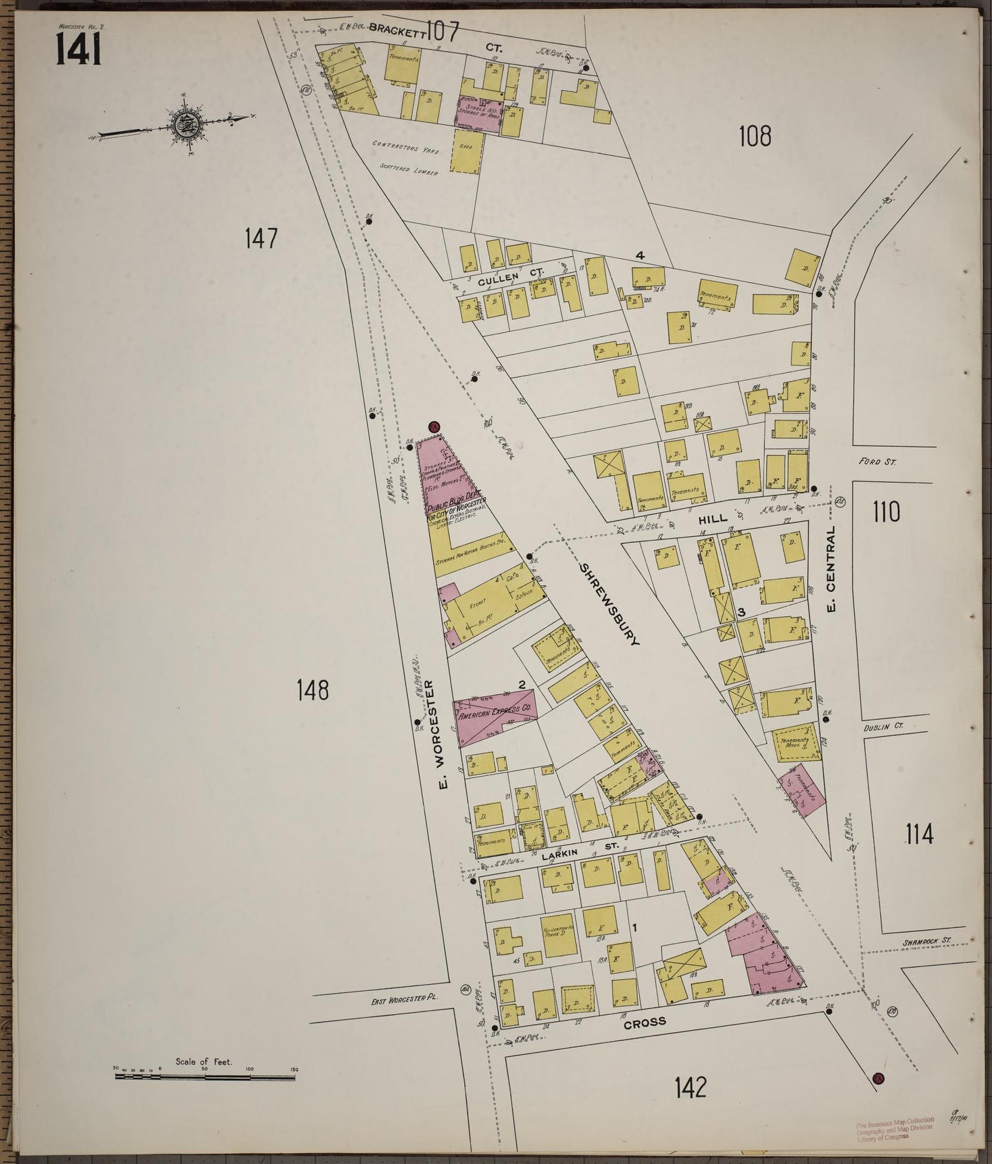 Sanborn Fire Insurance Map from Worcester, Worcester County, Massachusetts (1910), Sheet #0141 - Complete Map Set gallery image, historic Sanborn map, vintage wall art, Massachusetts Massachusetts
