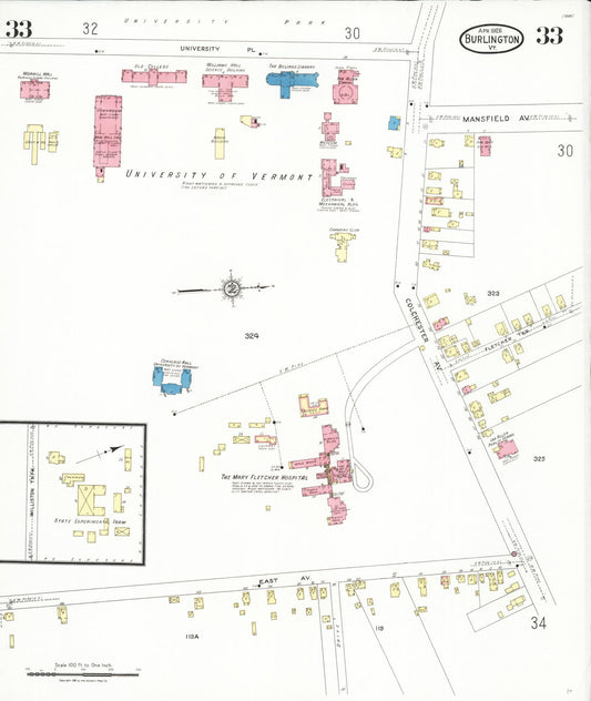 Sanborn Fire Insurance Map from Burlington, Chittenden County, Vermont (1926), Sheet #0033 - Historic Sanborn Fire Insurance Map Print, vintage old map wall art, antique decor, genealogy gift, Vermont Vermont map
