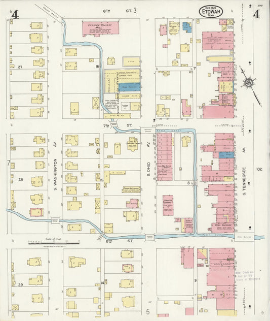 Sanborn Fire Insurance Map from Etowah, McMinn County, Tennessee (1925), Sheet #0004 - Historic Sanborn Fire Insurance Map Print, vintage old map wall art, antique decor, genealogy gift, Tennessee Tennessee map