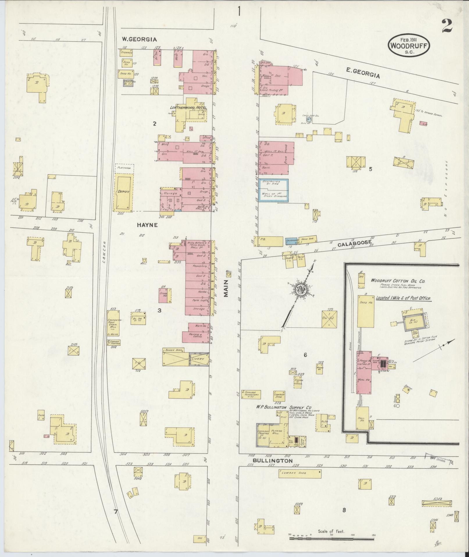 Sanborn Fire Insurance Map from Woodruff, Spartanburg County, South Carolina (1911), Sheet #0002 - Complete Map Set gallery image, historic Sanborn map, vintage wall art, South Carolina South Carolina
