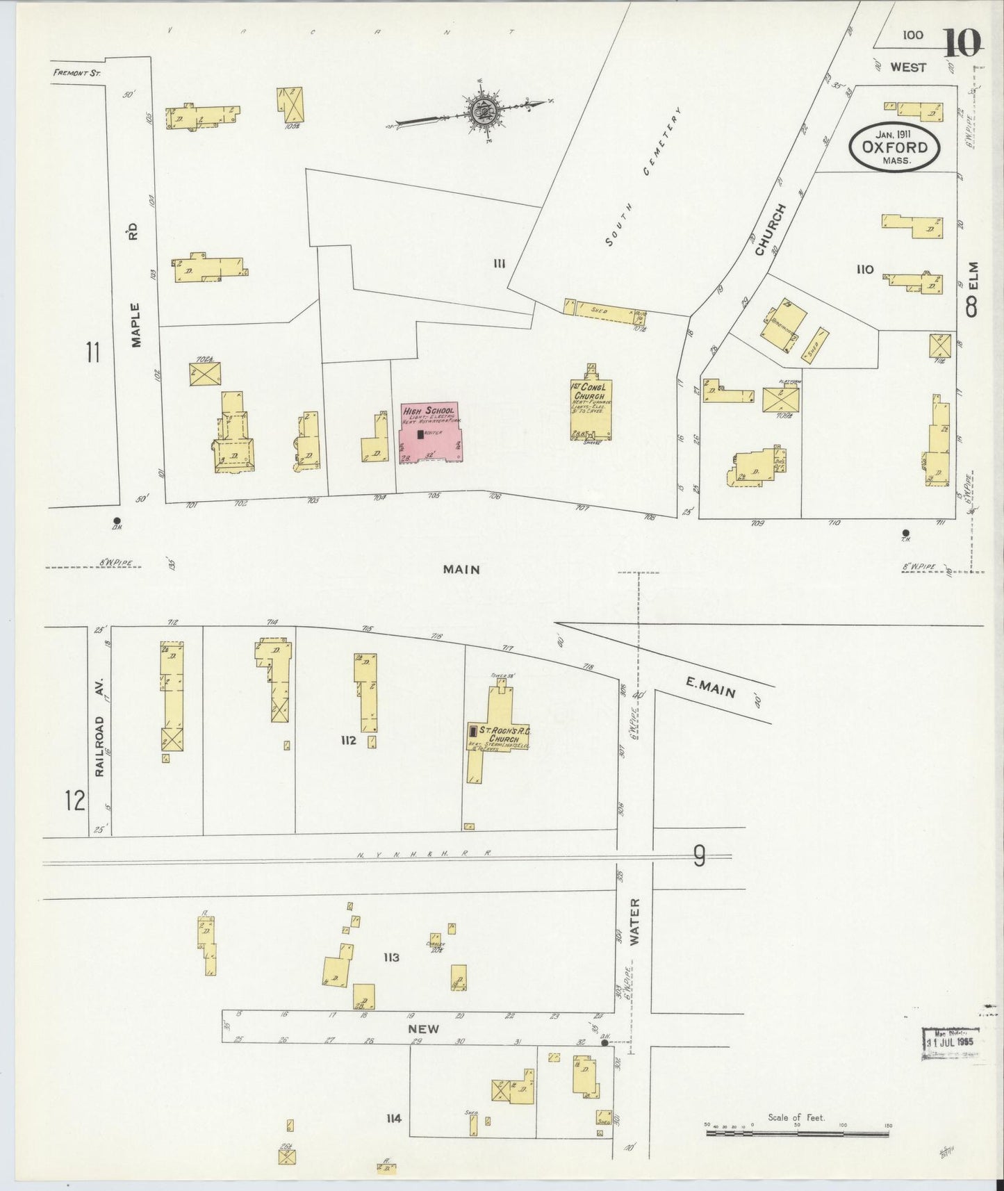 Sanborn Fire Insurance Map from Oxford, Worcester County, Massachusetts (1911), Sheet #0010 - Historic Sanborn Fire Insurance Map Print, vintage old map wall art, antique decor, genealogy gift, Massachusetts Massachusetts map