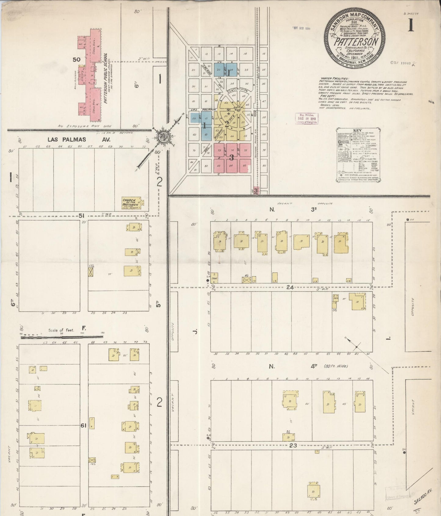 Sanborn Fire Insurance Map from Patterson, Stanislaus County, California (1911), Sheet #0001 - Complete Map Set gallery image, historic Sanborn map, vintage wall art, California California