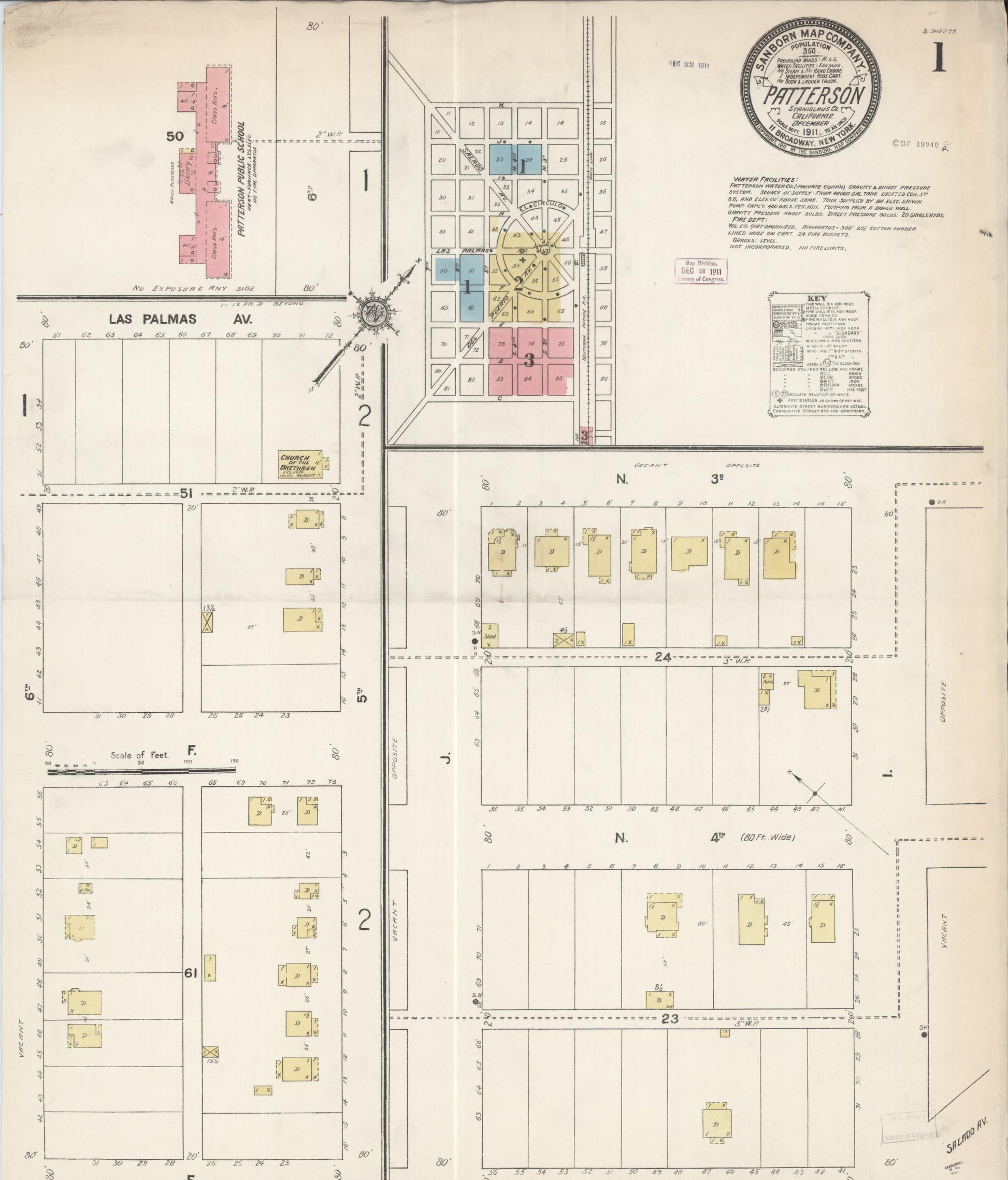 Sanborn Fire Insurance Map from Patterson, Stanislaus County, California (1911), Sheet #0001 - Complete Map Set gallery image, historic Sanborn map, vintage wall art, California California