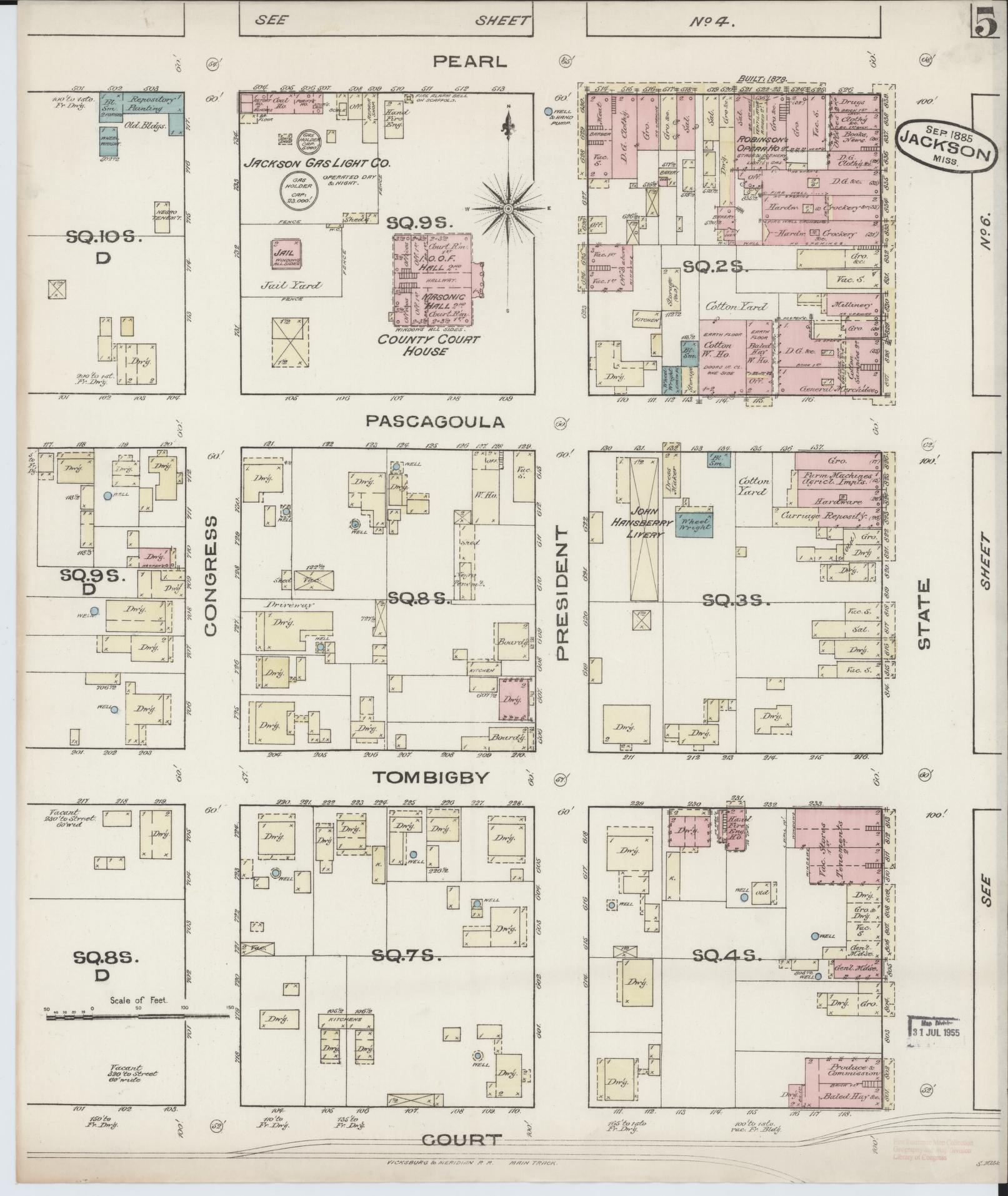 Sanborn Fire Insurance Map from Jackson, Hinds County, Mississippi (1885), Sheet #0005 - Historic Sanborn Fire Insurance Map Print, vintage old map wall art, antique decor, genealogy gift, Mississippi Mississippi map