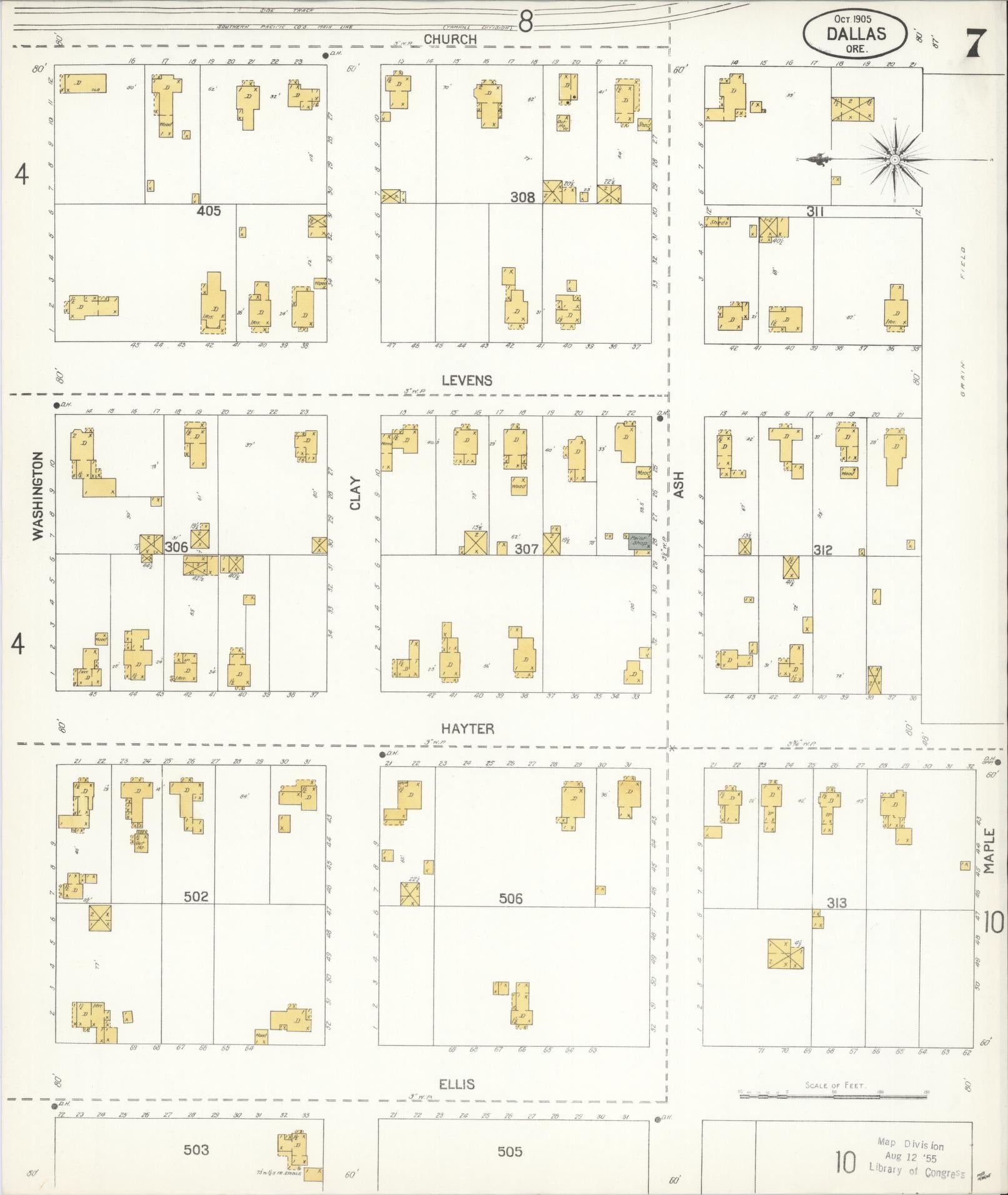Sanborn Fire Insurance Map from Dallas, Polk County, Oregon (1905), Sheet #0007 - Complete Map Set gallery image, historic Sanborn map, vintage wall art, Oregon Oregon