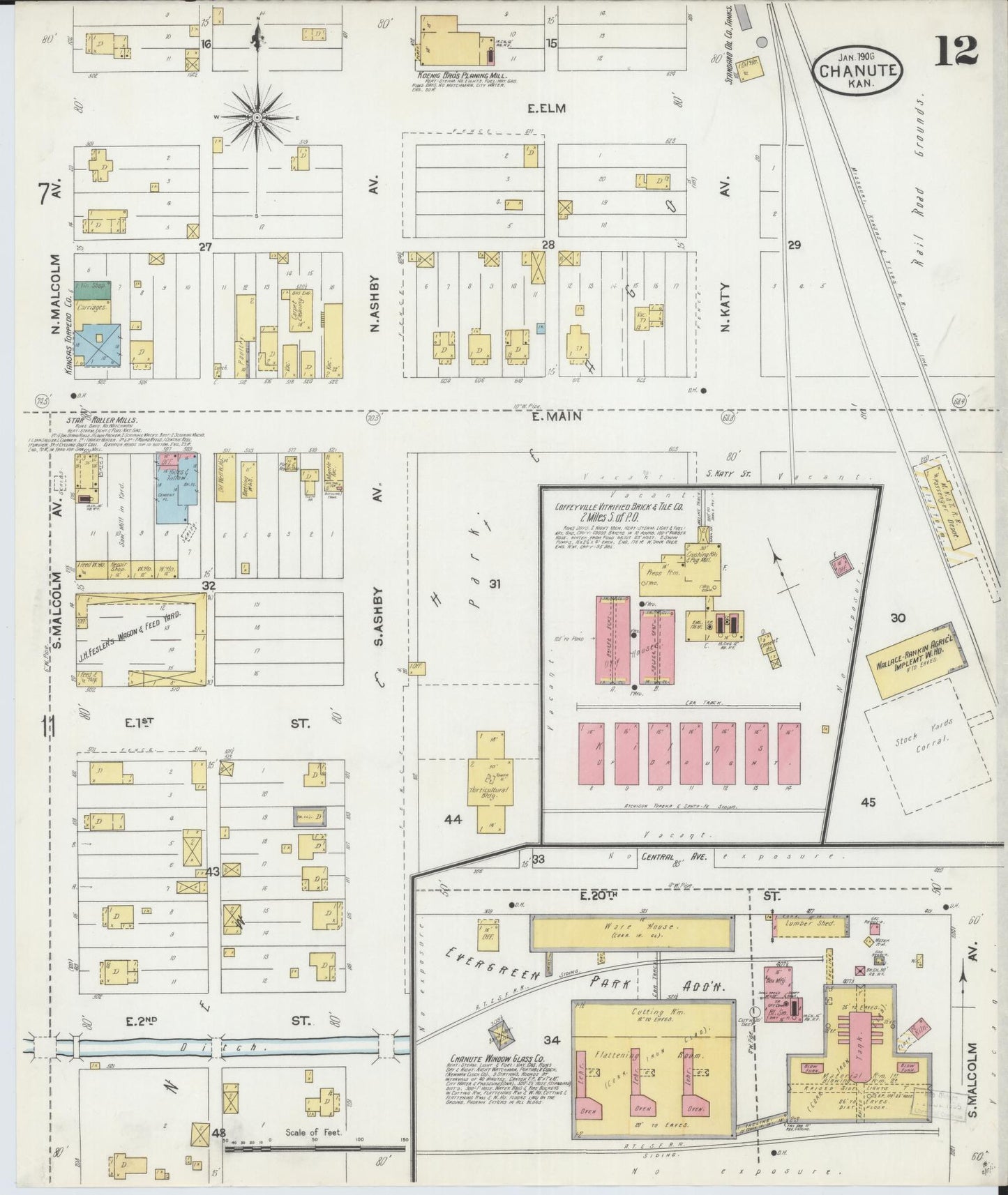 Sanborn Fire Insurance Map from Chanute, Neosho County, Kansas (1906), Sheet #0012 - Complete Map Set gallery image, historic Sanborn map, vintage wall art, Kansas Kansas